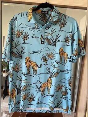 Bad Birdie Men's Medium M Polo Shirt Teal with Lynx Leopard Cheetah Cactus Plant